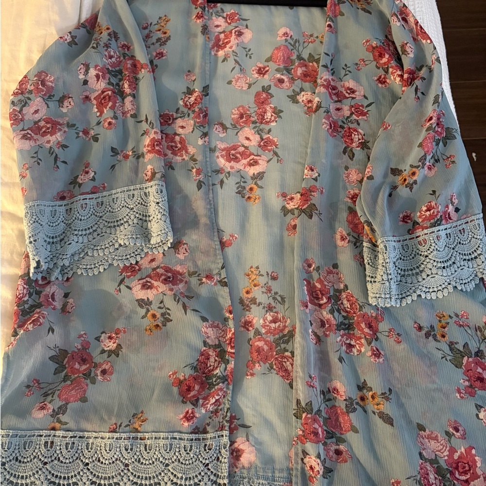 Rewind Blue Kimono with Floral Accents